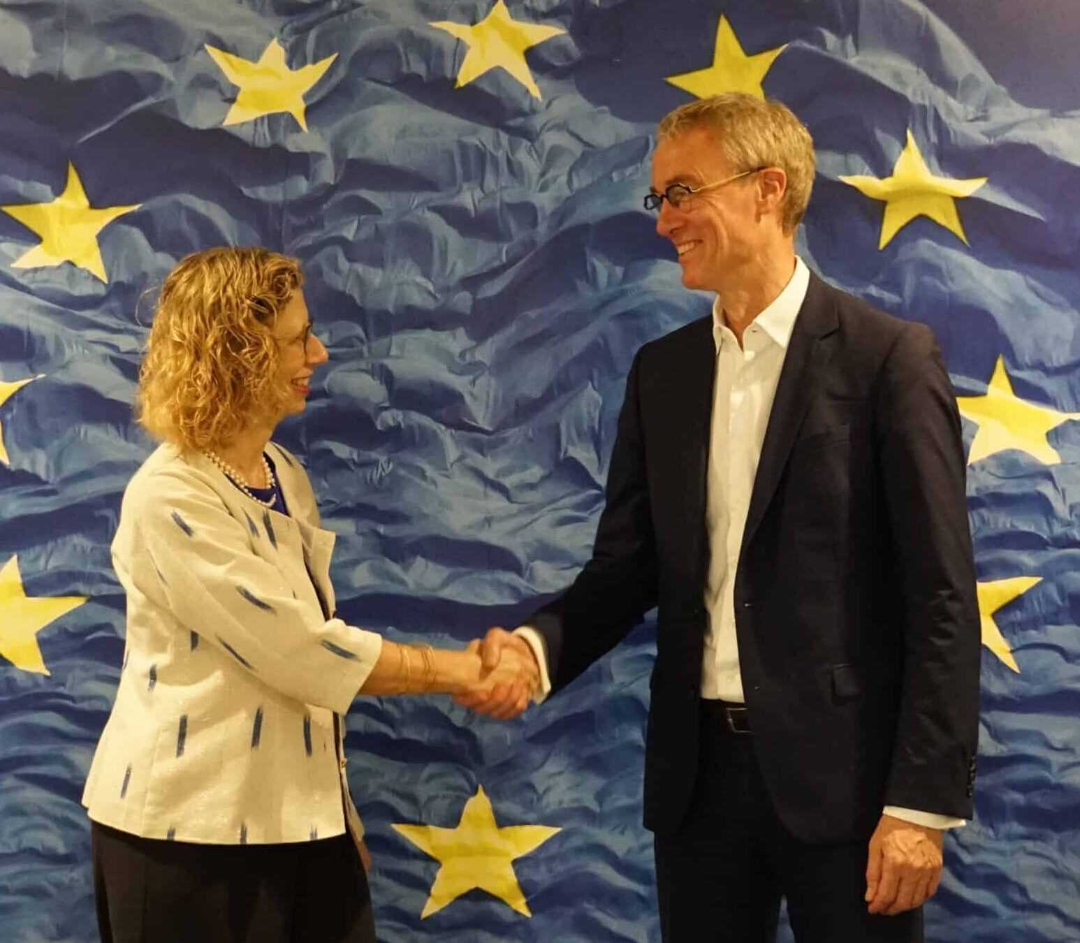 The Director General of the EU Partnerships Koen Doens and the Executive Director of the United Nations Environment Programme (UNEP) Inger Andersen shake hands in front of a EU flag at the PAGE 14th Steering Committee held in Brussels in June 2023.