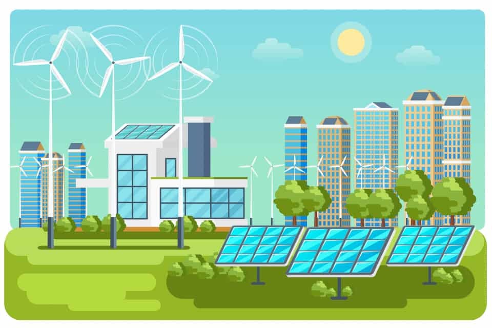 Cartoon image of different renewable energy sources