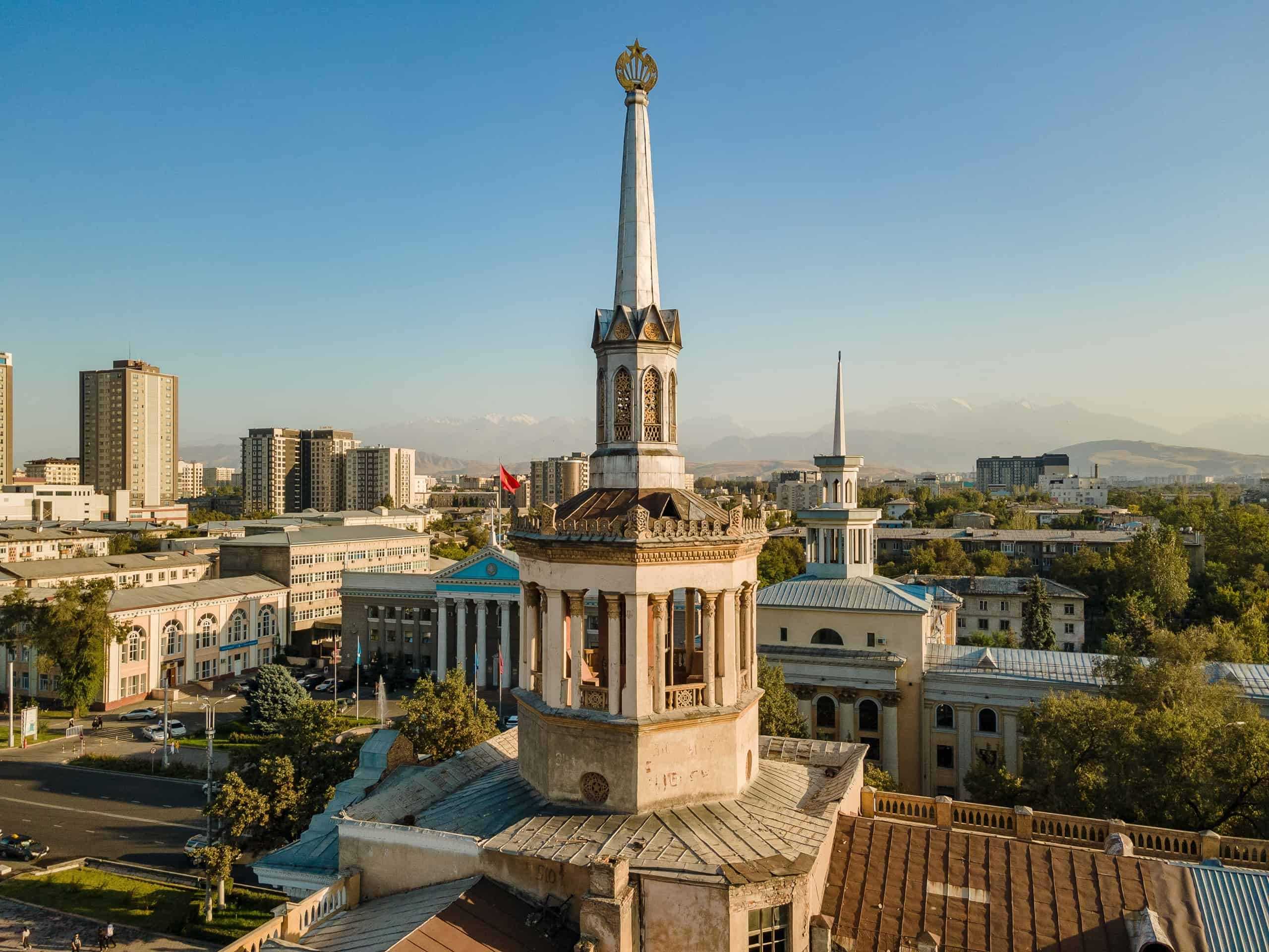 Bell tower and cityscape in Kyrgyz Republic