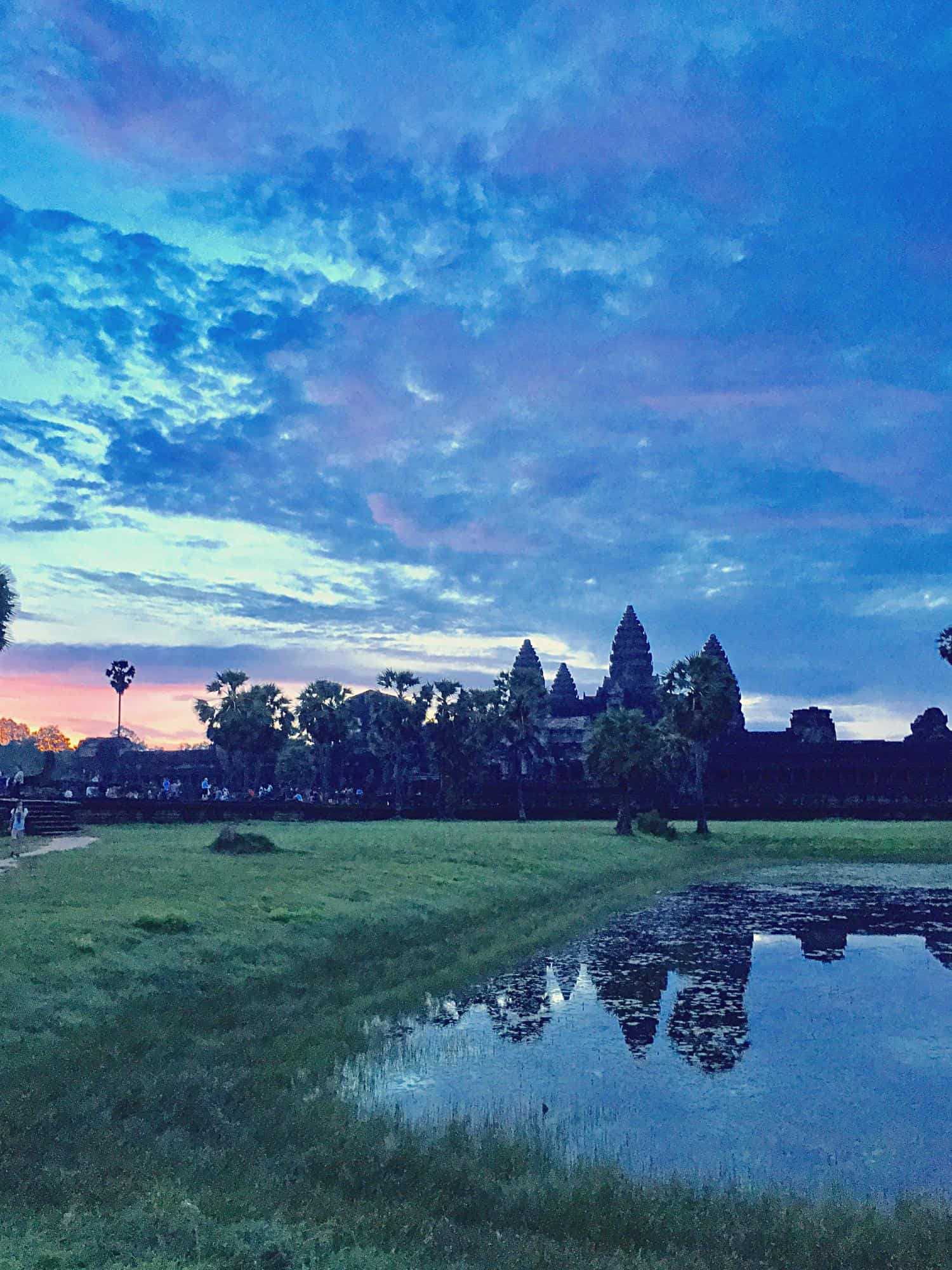 A view of a temple complex in Cambodia during sunrise