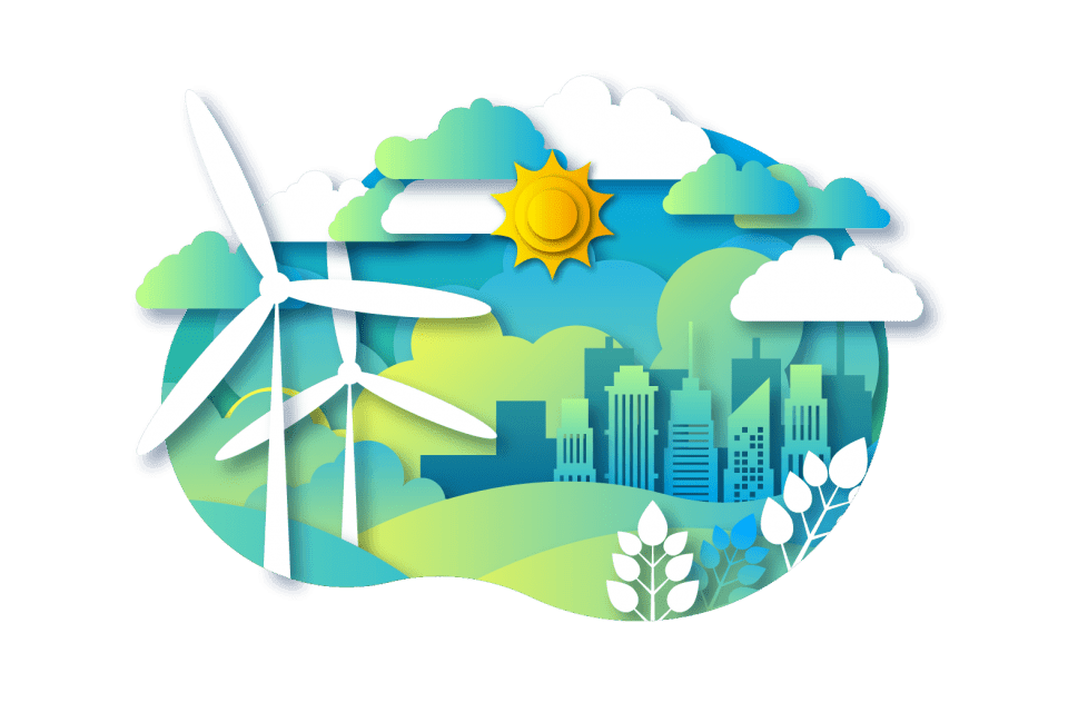 Cartoon wind turbines and landscape