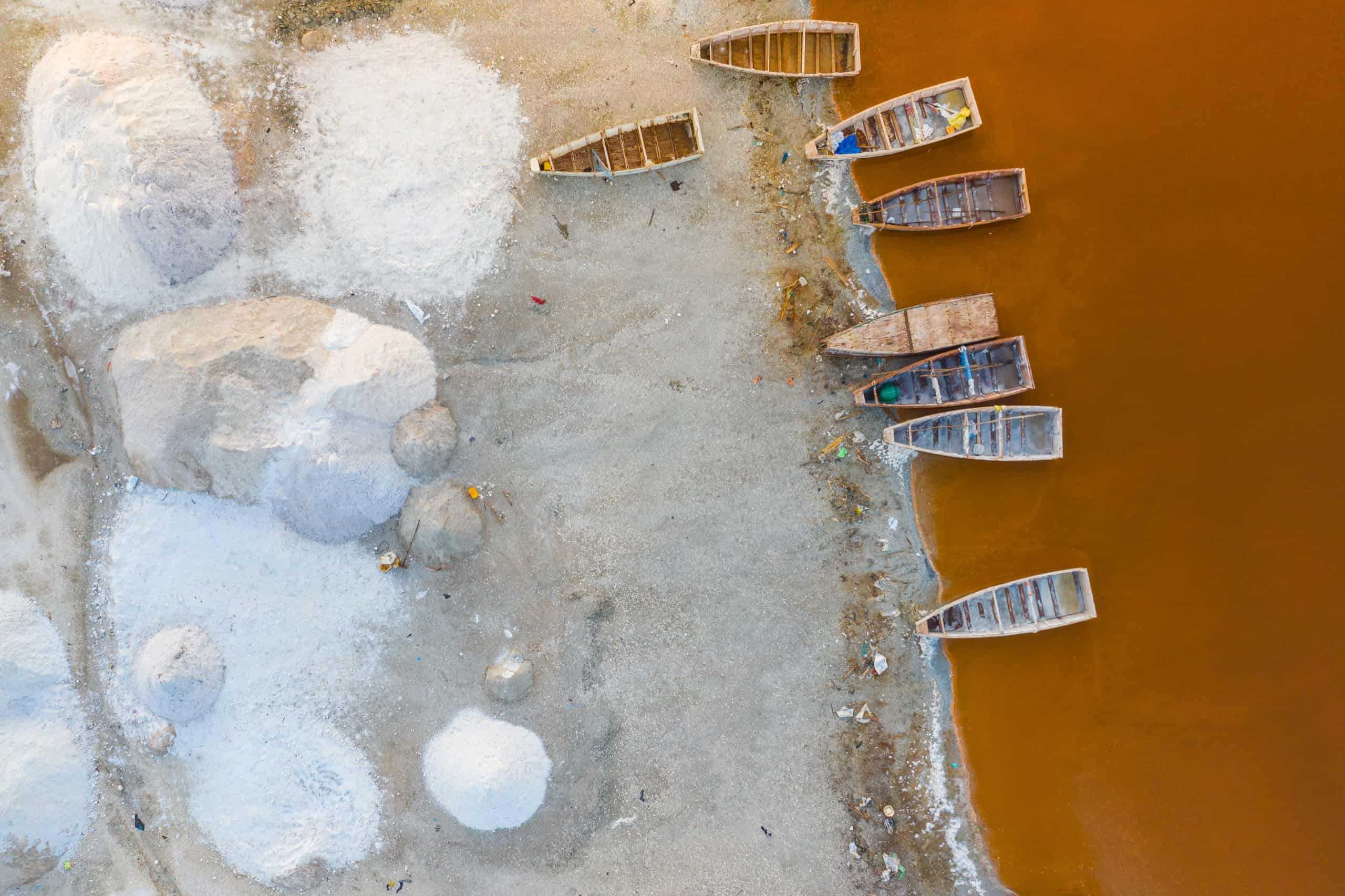 Aerial view of boats on a beach in Senegal